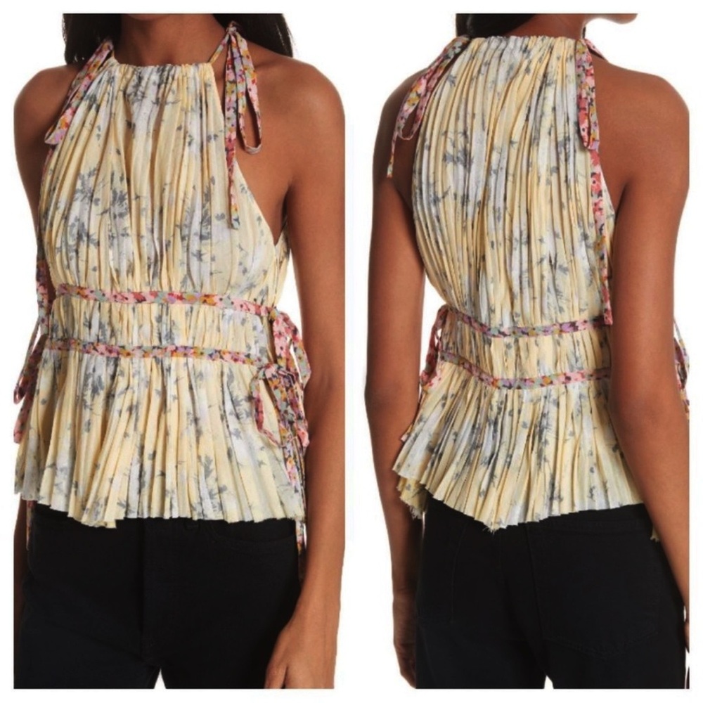 Rebecca Taylor Yellow Floral Pleated Halter Top